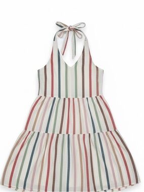 American Eagle Multi-Stripe Tiered Halter Cotton Linen Sundress